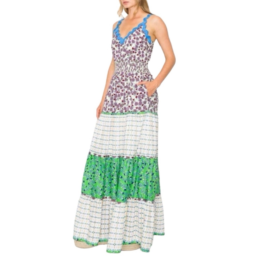 MELLODAY Mixed Print Floral Sweetheart Tiered Maxi Dress Cream Green Multi XL